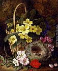 Geraniums Canvas Paintings - Still Life with Primroses, Violas, cherry Blossom and Geraniums and a Thrush's Nest
